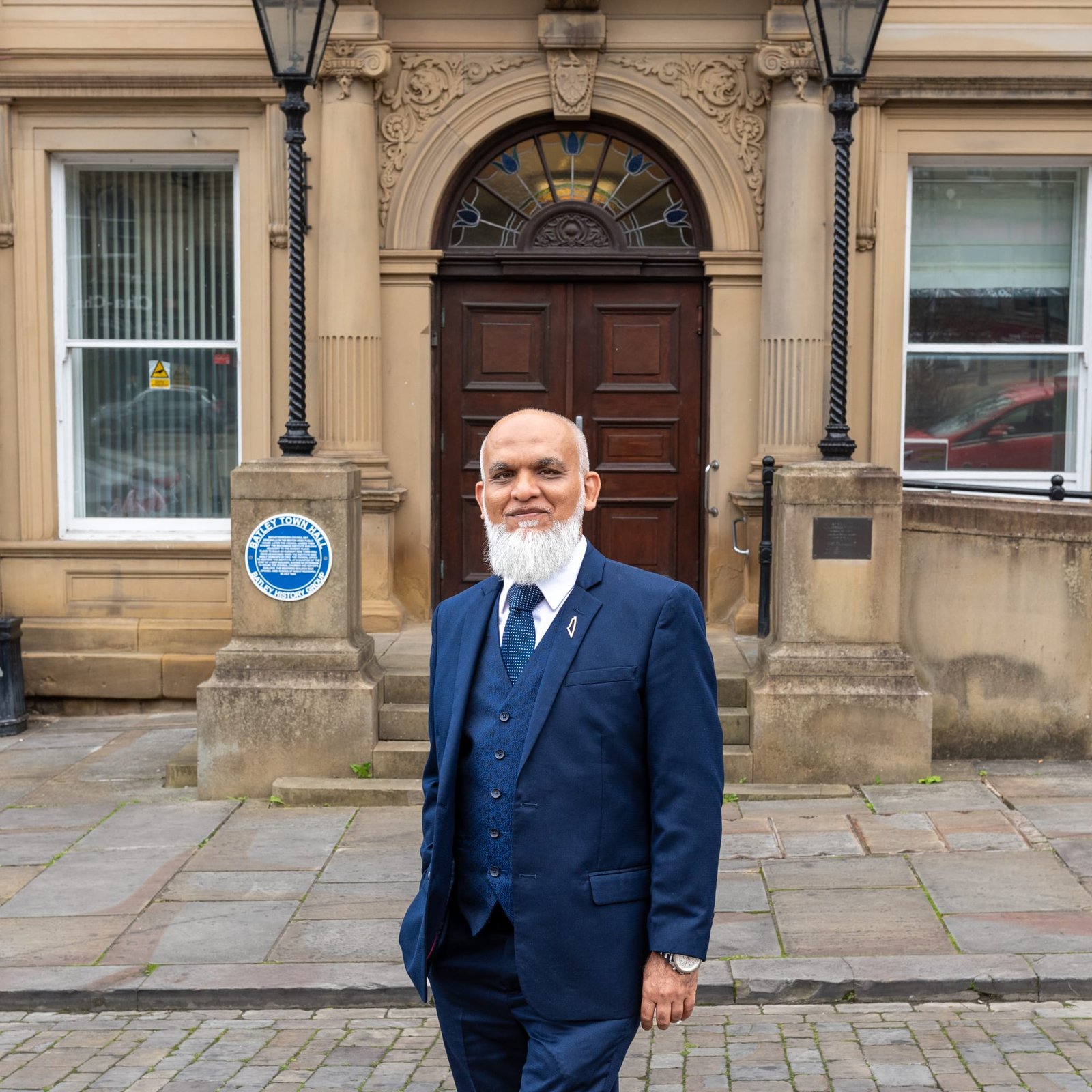 Cllr Akhtar Kasia outside Batley Town Hall