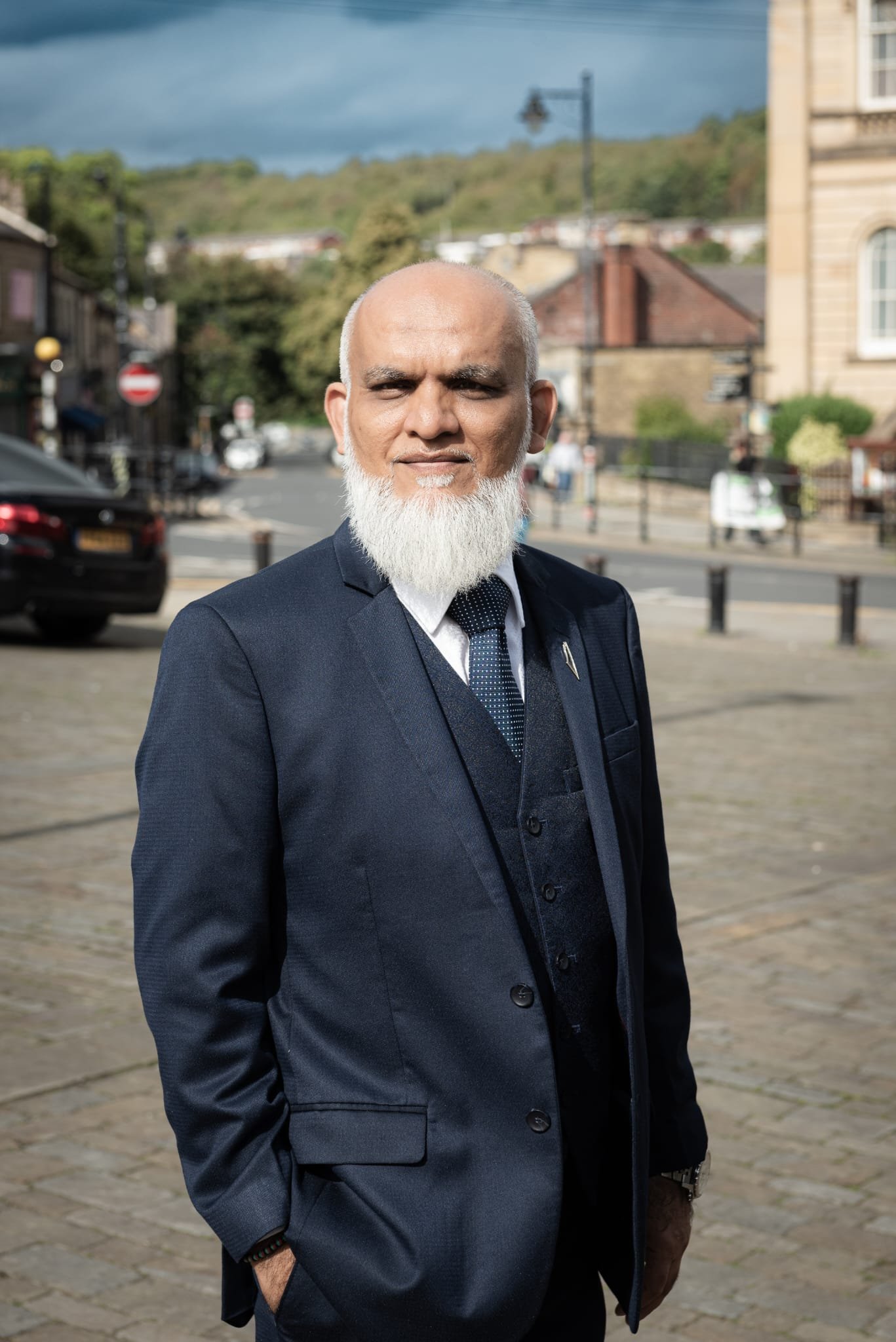 Cllr Akhtar Kasia, close-up portrait at Batley Town Hall